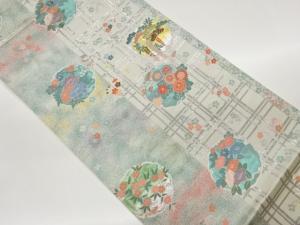 格子に雪輪・花々模様織出し袋帯